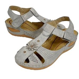 LUOGE Light Gray Wedge Sandal Comfort Shoe 3D Flower Hook & Loop Fits 6